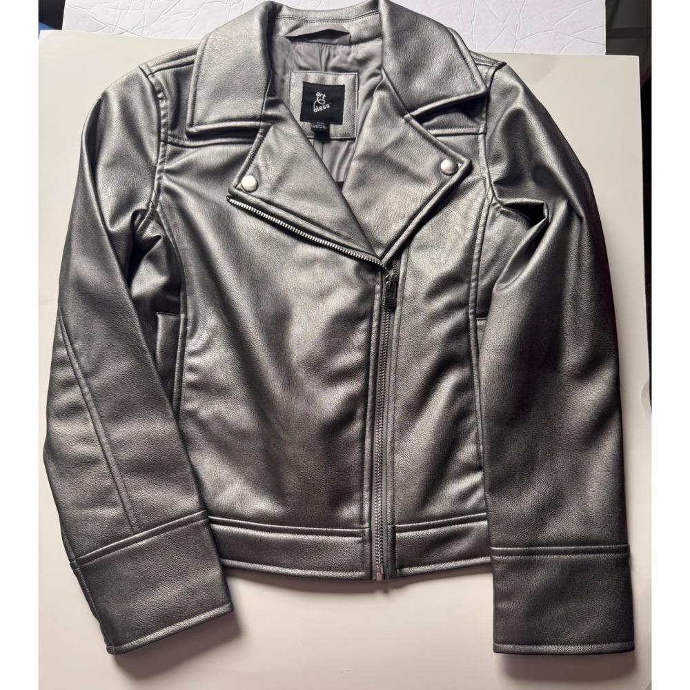 Art Class Girls Moto Jacket Gunmetal Shine Silver Faux Leather Size M 8 New